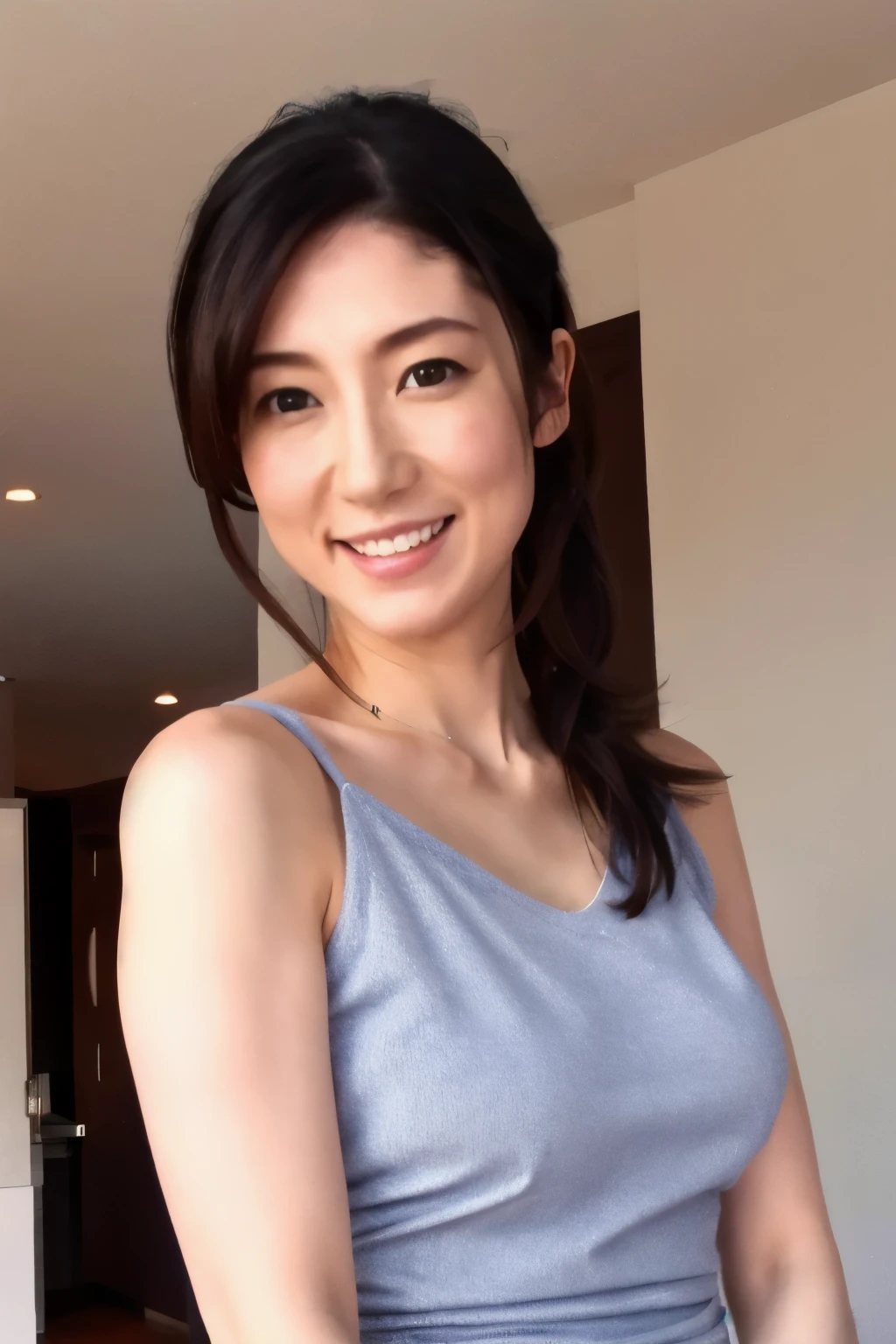 ((Best Quality, 8K, Masterpiece: 1.3)), 1 woman, Japanese, middle-age, Wife, Slim Abs Beauty: 1.3, (Hairstyle Casual, Big: 1.2), knit dress: 1.1, V-neck design, Super Slender Face, Skinny figure, very small breasts, very thin waist, Delicate Eyes, Double Eyelids, Smile, Room, Raw Photo