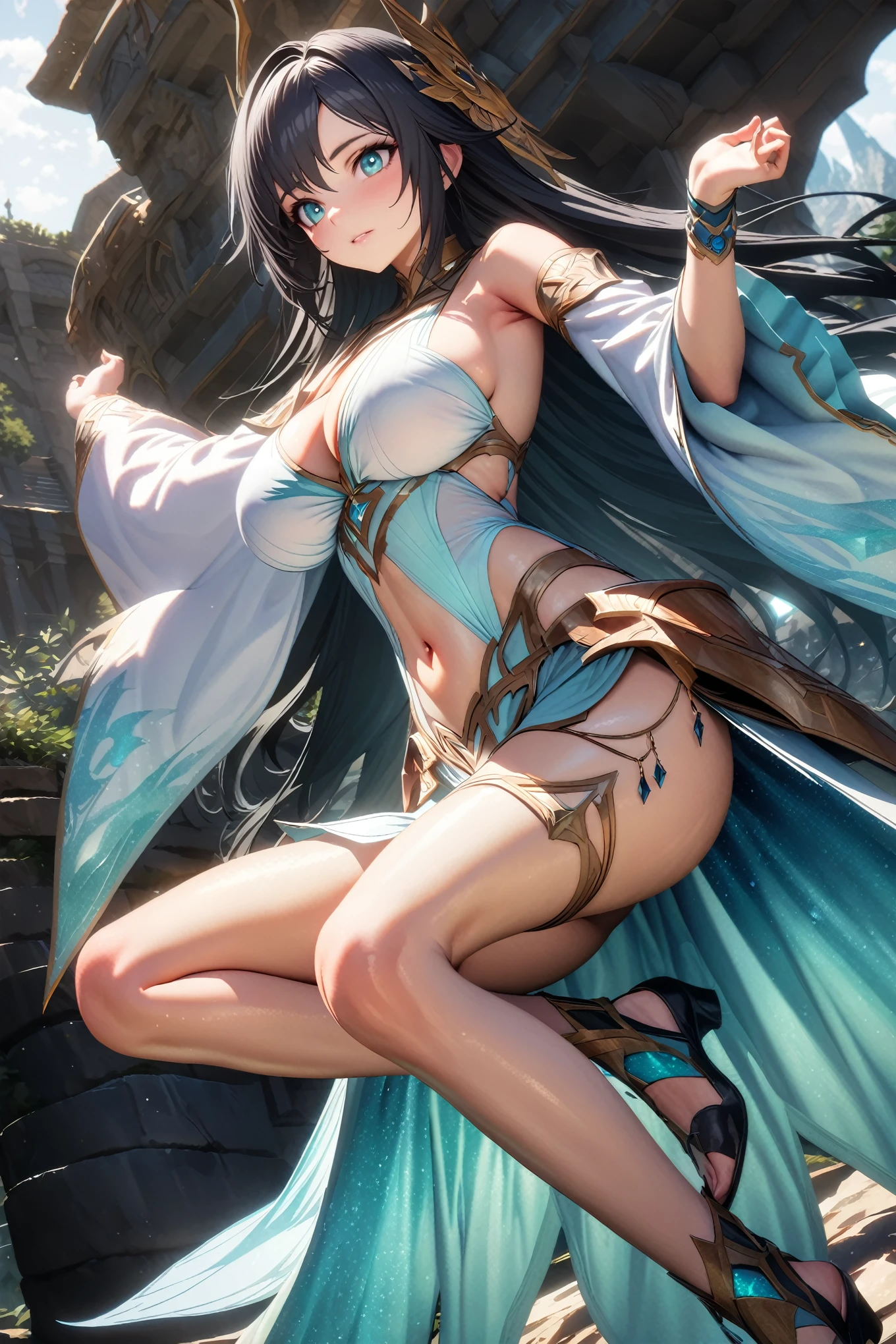 (8k, best quality, masterpiece:1.2),\(Eye details\),\(Facial features details\),(\(Clothes details details\)\),(Facial highlights) ,Very detailed CG unity 8k wallpaper,Huge file size,Ultra Detailed,high resolution,absurd,beautiful eyes,Ray Tracing,Dramatic shadows,Fine details,Dramatic angle,superdetailing,(1girl:1.3),(solo),full body,black hair,black pupils,Soft and shiny black waist-length hair,27 years old,(Glowing Engraved Wristbands:1.2),(Silver metal waistband:1.25),(Costume:1.1),(Fairy air ethereal:1.2),antiquity,((White cool wide sleeves fairy dress)),tall body,huge breasts,slim waist,navel,Skin-tight clothing.(There are fantasy and dazzling jewelry on the clothes:1.3)+(Legendary equipment for Xianxia MMORPG games:1.3)