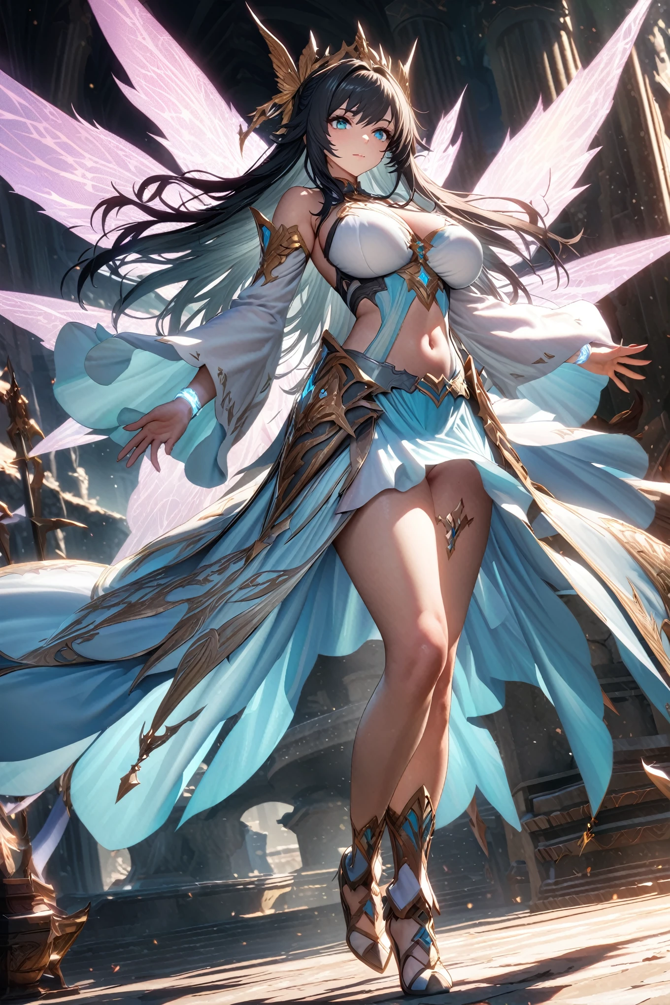 (8k, best quality, masterpiece:1.2),\(Eye details\),\(Facial features details\),(\(Clothes details details\)\),(Facial highlights) ,Very detailed CG unity 8k wallpaper,Huge file size,Ultra Detailed,high resolution,absurd,beautiful eyes,Ray Tracing,Dramatic shadows,Fine details,Dramatic angle,superdetailing,(1girl:1.3),(solo),full body,black hair,black pupils,Soft and shiny black waist-length hair,27 years old,(Glowing Engraved Wristbands:1.2),(Silver metal waistband:1.25),(Costume:1.1),(Fairy air ethereal:1.2),antiquity,((White cool wide sleeves fairy dress)),tall body,huge breasts,slim waist,navel,Skin-tight clothing.(There are fantasy and dazzling jewelry on the clothes:1.3)+(Legendary equipment for Xianxia MMORPG games:1.3)