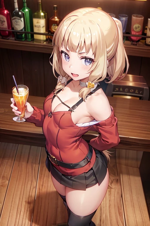 (from above:1.2),(from side:0.9), ((Face)), (Close-Up:0.4), masterpiece,"A 26-year-old girl stands at a bar counter. She is dressed in a stylish off-shoulder dress, sweater dress, off-shoulder sweater, red sweater,garter stocking, midriff, red skirts, black thighhighs, thigh strap, pretty girl, (highly detailed beautiful face and eyes,firm breasts),real skin,((black,hair,long pony tail hair)),thin pubic hair,cute and lovely pose, detailed eyes, This masterpiece is only visually stunning but also tells,(double breasted:0.6,under bust:0.6,cleavage:1.1,),(small breasts:1.2),(perky chest:1.1), (pointed chest:1.3), medium hips, glamorous body,(with sparkling eyes and a contagious smile),open mouth. The bar is beautiful, with colorful bottles of alcohol in the background and a soft glow from neon lights. The atmosphere is relaxed, and the girl looks confident and fashionable.",full body, sexy pose,make a cocktail , in a bar counter, Looking at Viewer,