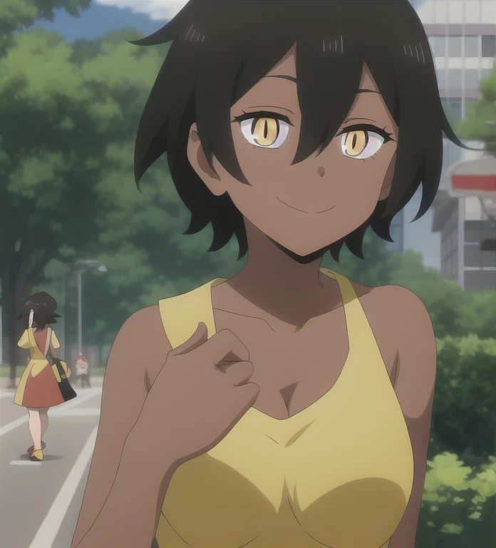 nice hands, perfect hands, kurobe natsumi, dark-skinned female, slit pupils, yellow eyes, black hair, short hair, hair between eyes, yellow dress , , smile, pokemon master, pokemon trainer, 
 