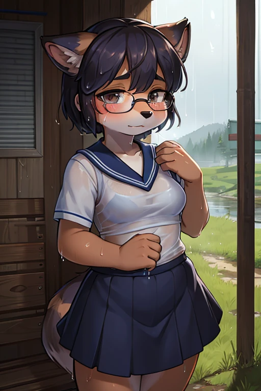 focus face , hairy racoon dog Short stature girl wearing black sports bra , (Short stature) , realistic hairy fur , round face , (tilt face:1.2) , Dull geek , (half-open eyes) , Swollen cheeks , glossy lips , flat chest , (look away:1.2) , eyewear, neat white sailor uniform , (see through black sports bra under uniform:0.9) , navy skirt , heavy rain , Rural bus stop , Rural Scenery , Take shelter from the rain , (Wet uniform:1.2)