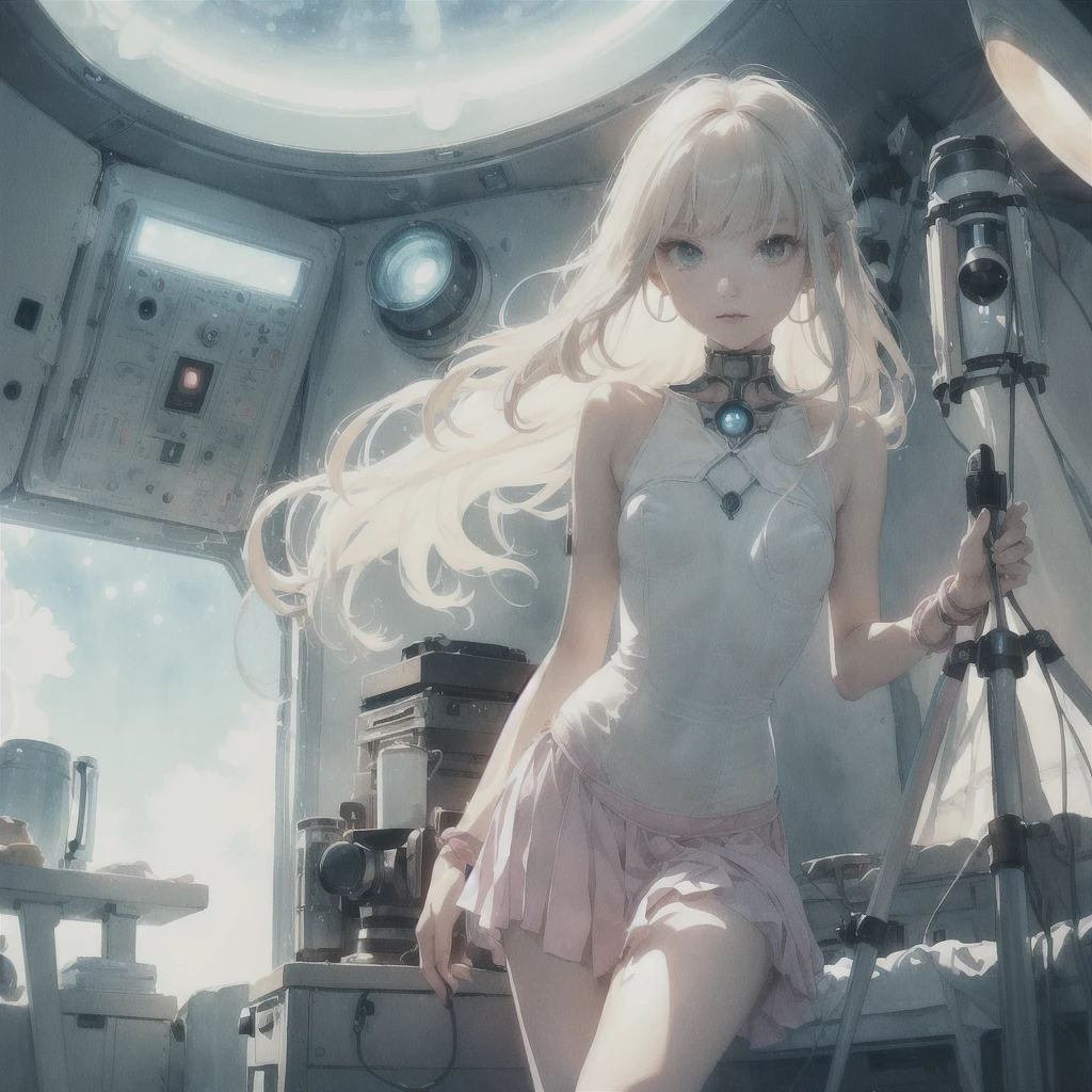 Exquisite slender girl (with a perfect, very beautiful face of the southern type and almond-shaped eyes) (with a southern skin tone and soft lips) ((at the control panel)) with tender (breasts ((with small soft pink nipples))) ((in a long light skirt on a naked body)) ((costs)) ((barefoot)) ((in a spaceship cabin)) ((on another planet)) ((with electronic bracelets on the arm and ankle)) (with musical instruments) (с обнажённой маленькой breasts и стройной талией); (cozy spaceship cabin); (old instruments and equipment), (((telescope and observatory equipment))), (((flowers and plants))); ((precious jewelry on the chest and wrists and ankles)); ((dawn morning summer gentle golden light)), ((pastel soft warm shades)); (warm (summer) early morning), ((dawn soft warm light)); (draw ((in watercolor style))); ((very beautiful exquisite face)); (High image quality, High detail); ((big alien eyes), skinny); ((Gentle (Mint Shades))), (sfumato), ((many colors))