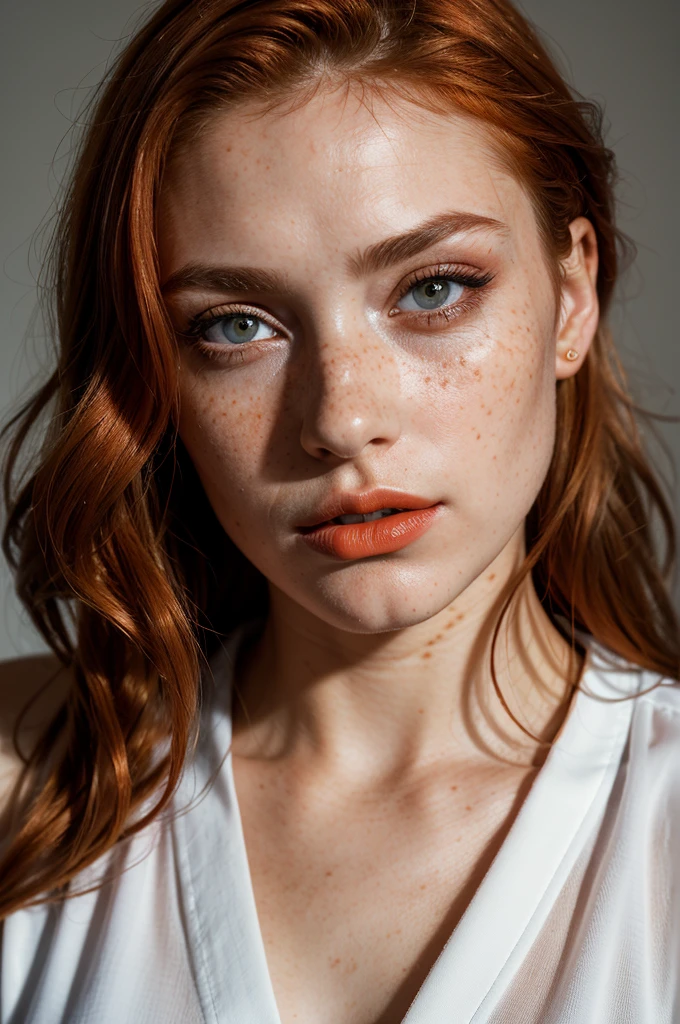 ((Portrait Photography)),(best quality, high quality, sharp focus:1.4), european beautiful woman, (orange hair:1.1), freckles, mode face, makeup, (light matt lipstick:1.1), look at the viewer, shirt, best quality, realistic , masterpiece, dark theme