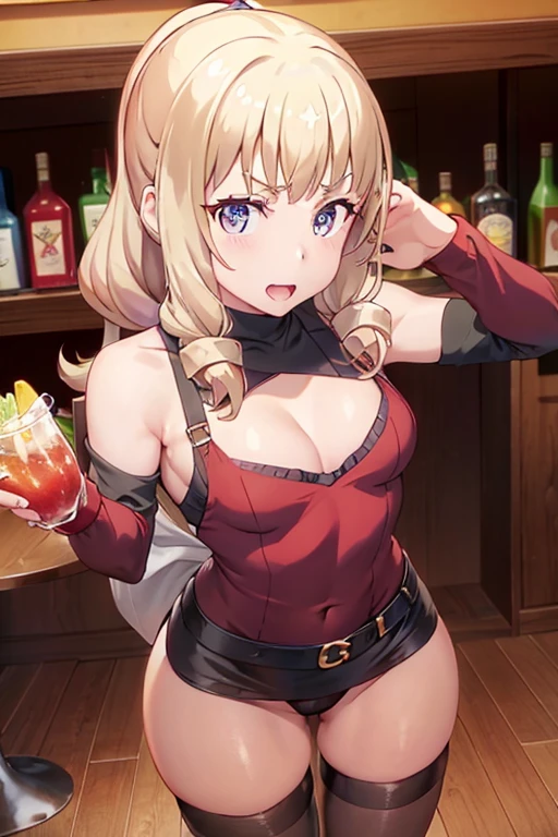 (from above:1.2),(from side:0.9), ((Face)), (Close-Up:0.4), masterpiece,"A 26-year-old girl stands at a bar counter. She is dressed in a stylish off-shoulder dress, sweater dress, off-shoulder sweater, red sweater,garter stocking, midriff, red skirts, black thighhighs, thigh strap, pretty girl, (highly detailed beautiful face and eyes,firm breasts),real skin,((black,hair,long pony tail hair)),thin pubic hair,cute and lovely pose, detailed eyes, This masterpiece is only visually stunning but also tells,(double breasted:0.6,under bust:0.6,cleavage:1.1,),(small breasts:1.2),(perky chest:1.1), (pointed chest:1.3), medium hips, glamorous body,(with sparkling eyes and a contagious smile),open mouth. The bar is beautiful, with colorful bottles of alcohol in the background and a soft glow from neon lights. The atmosphere is relaxed, and the girl looks confident and fashionable.",full body, sexy pose,make a cocktail , in a bar counter, Looking at Viewer,