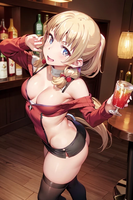 (from above:1.2),(from side:0.9), ((Face)), (Close-Up:0.4), masterpiece,"A 26-year-old girl stands at a bar counter. She is dressed in a stylish off-shoulder dress, sweater dress, off-shoulder sweater, red sweater,garter stocking, midriff, red skirts, black thighhighs, thigh strap, pretty girl, (highly detailed beautiful face and eyes,firm breasts),real skin,((black,hair,long pony tail hair)),thin pubic hair,cute and lovely pose, detailed eyes, This masterpiece is only visually stunning but also tells,(double breasted:0.6,under bust:0.6,cleavage:1.1,),(small breasts:1.2),(perky chest:1.1), (pointed chest:1.3), medium hips, glamorous body,(with sparkling eyes and a contagious smile),open mouth. The bar is beautiful, with colorful bottles of alcohol in the background and a soft glow from neon lights. The atmosphere is relaxed, and the girl looks confident and fashionable.",full body, sexy pose,make a cocktail , in a bar counter, Looking at Viewer,
