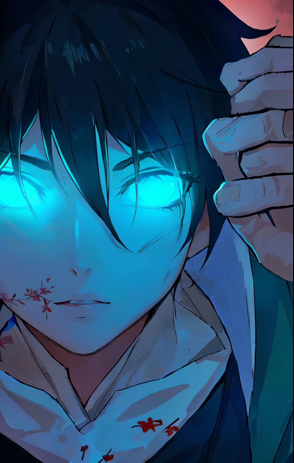 garoto de anime com olhos azuis e sangue no peito, com olhos brilhantes, Olhos azuis brilhantes, rosto azul brilhante, olhos brilhantes em todos os lugares, your eyes are red and glowing, olhos brilhantes e penetrantes, Olhos azuis brilhantes, olhos azuis tristes, Olhos azuis brilhantes, com enormes olhos luminosos e tristes, Olhos azuis luminescentes, magic glowing eyes, Eren Yeager