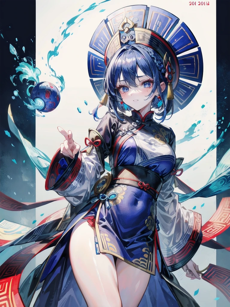dress, braid, chinese clothes, blue headwear, ofuda, blue skin, jiangshi, qing guanmao, absurdres, RAW photo, extremely delicate and beautiful, masterpiece, Best Quality, ultra high resolution, 32k, hyperrealistic, ultra-detailed, detailed description, pale skin, 20 years old, tearful mole, earring, Colossal tits, short medium hair, wavy hair, evil grin, whole body shot,