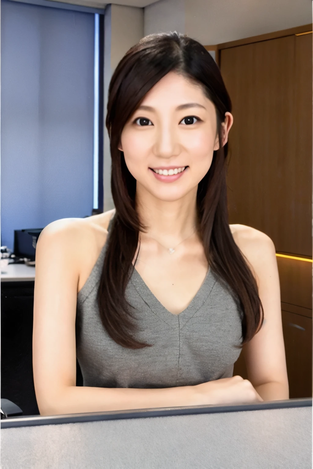 A Japanese woman, 35 years old, slender figure, very thin waist, Beautiful face, beautidful eyes, black long hair, wearing a tight and short gray knit dress with a V-neck design, sitting on a desk in an office, gently looking at you, 1girl in, Solo, Detailed face and eyes, detailed fingers and arms. Full body photo. Realistic, Photorealistic.