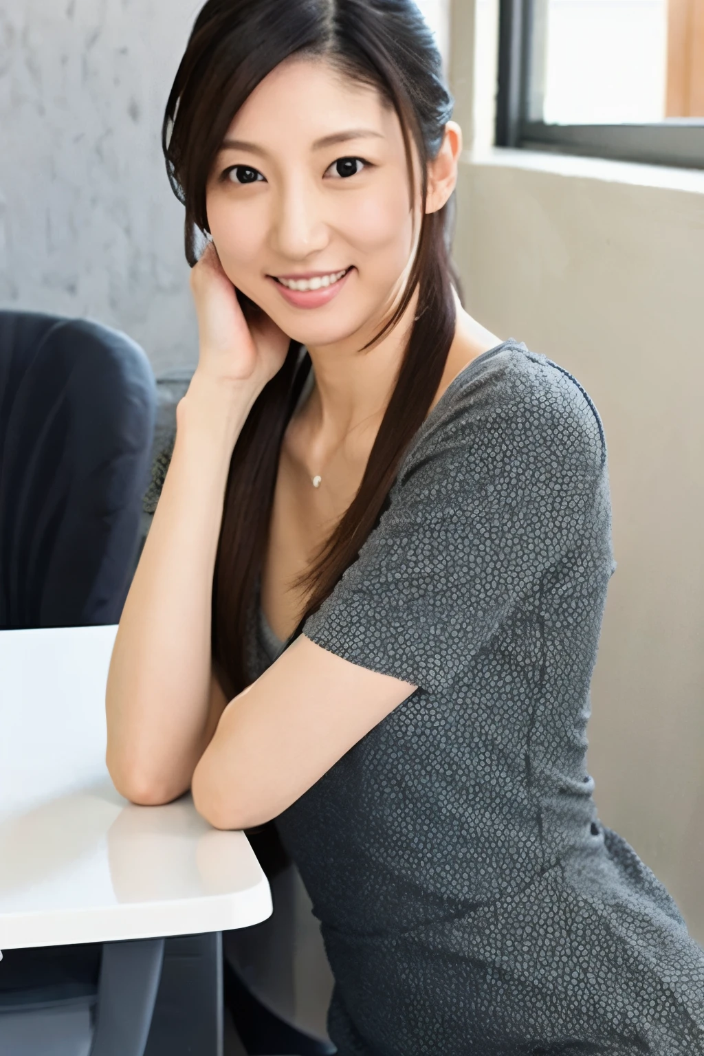 A Japanese woman, 35 years old, slender figure, very thin waist, Beautiful face, beautidful eyes, black long hair, wearing a tight and short gray knit dress with a V-neck design, sitting on a desk in an office, gently looking at you, 1girl in, Solo, Detailed face and eyes, detailed fingers and arms. Full body photo. Realistic, Photorealistic.