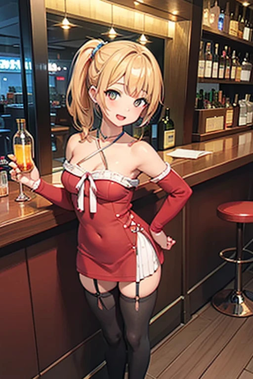 (from above:1.2),(from side:0.9), ((Face)), (Close-Up:0.4), masterpiece,"A 26-year-old girl stands at a bar counter. She is dressed in a stylish off-shoulder dress, sweater dress, off-shoulder sweater, red sweater,garter stocking, midriff, red skirts, black thighhighs, thigh strap, pretty girl, (highly detailed beautiful face and eyes,firm breasts),real skin,((black,hair,long pony tail hair)),thin pubic hair,cute and lovely pose, detailed eyes, This masterpiece is only visually stunning but also tells,(double breasted:0.6,under bust:0.6,cleavage:1.1,),(small breasts:1.2),(perky chest:1.1), (pointed chest:1.3), medium hips, glamorous body,(with sparkling eyes and a contagious smile),open mouth. The bar is beautiful, with colorful bottles of alcohol in the background and a soft glow from neon lights. The atmosphere is relaxed, and the girl looks confident and fashionable.",full body, sexy pose,make a cocktail , in a bar counter, Looking at Viewer,
