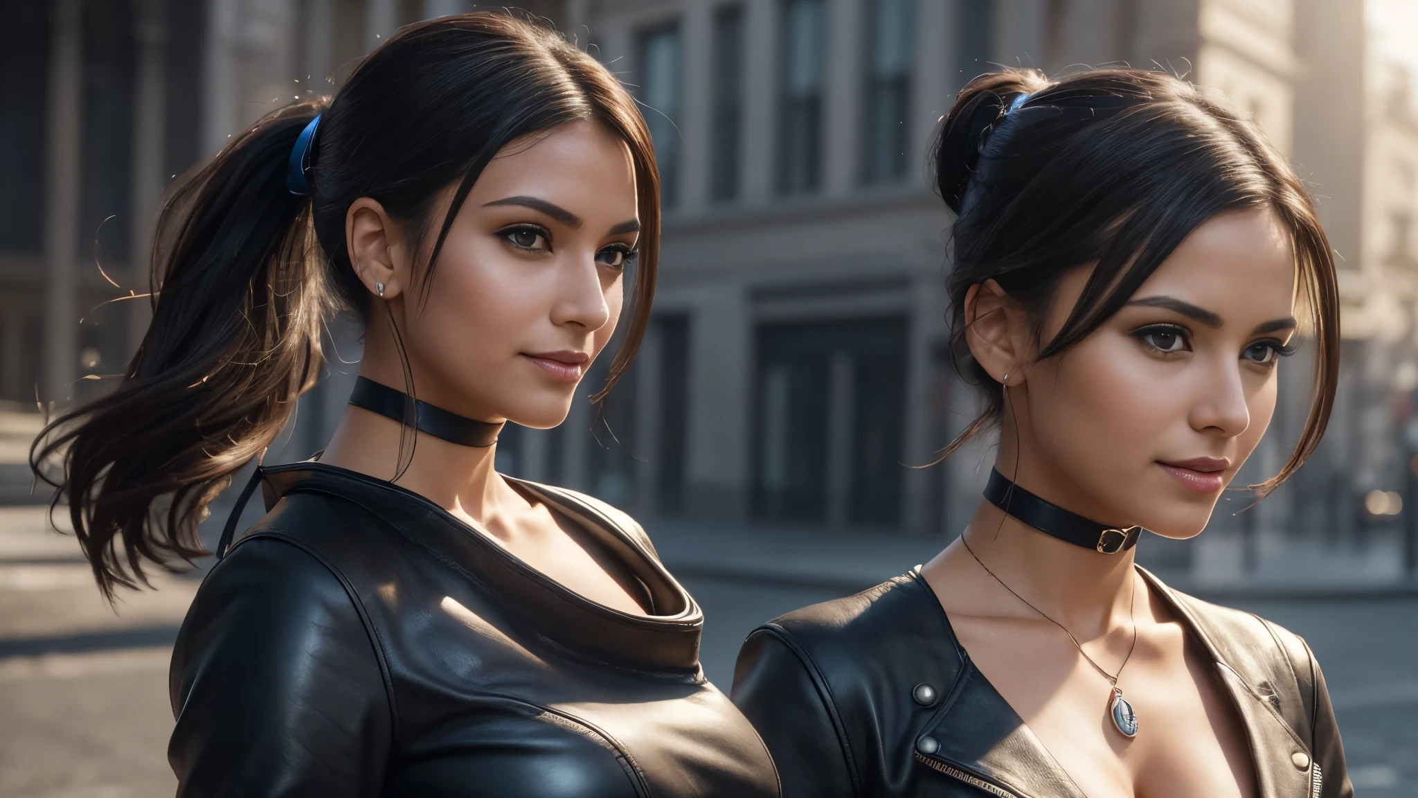 (Isabel Merced walking outside in short leather  dress, dark hair, pony tail, (smiling:0.95), choker, slim photo model, (big breasts:1.3), Real Life, portrait, Ultra Realistic, Photorealism, Photography, 8K UHD, Photo, HDR, Complex and Elegant, Highly Detailed, Sharp Focus, Stunning, Beautiful, Gorgeous), (Masterpiece: 1.2, Best Quality 1:1, Ultra Detail: 1.2, Best Shadows, 8k: 1.1), (beautiful detailed face), high contrast, (perfect lighting: 1.2), (cinematic light)), colorful, hyper-detail, dramatic light, intricate detail, photograph by arny freytag