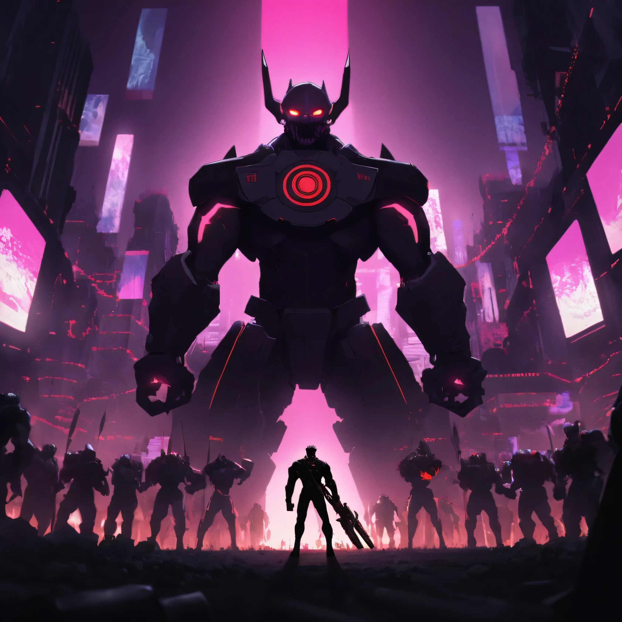 A captivating and dynamic animated illustration featuring Synthor, a fearsome half-human, half-machine cyborg assassin. He stands tall with glowing red eyes and a determined expression, holding a powerful arm cannon in one hand and a flag symbolizing robot liberation in the other. Synthor is surrounded by his metallic and organic followers, ready to enter the battlefield in a futuristic, dystopian cityscape. The neon lights create an intense, urgent atmosphere, while the art style masterfully combines the works of Jim Lee, Rob Liefield, and Marvel's cinematic universe. The anime influence adds vibrant, conceptual elements, making the piece truly dynamic and immersive., conceptual art, cinematic, vibrant, anime, illustration