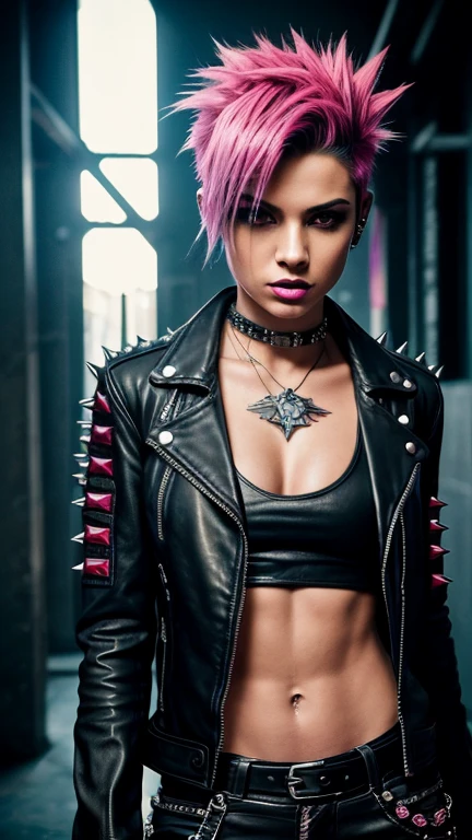 Masterpiece, (rebellious girl:Riot Grrl:0.5), edgy attitude, leather jacket and pants, spiked pink hair with prominently displayed spikes, punk crest, piercing nose ring, piercing tongue stud, punk rock style, vibrant neon colors, intense contrast light, (Cannon EOS-2:1.2), cinematic grunge filter, high saturation, high contrast, raw texture, grainy effect. (Superior quality, 4K, prime work: 1.5),  figure, slender waist, defined abs, highly detailed facial features, expressive eyes, defined lips, atmospheric indoor setting.