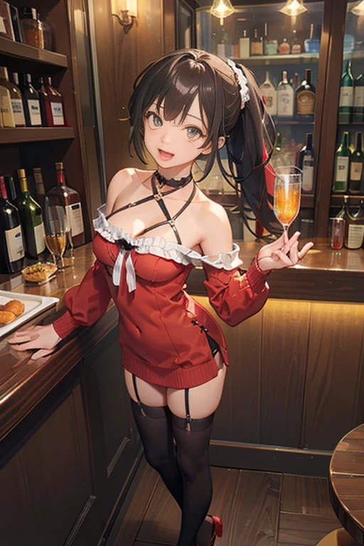 (from above:1.2),(from side:0.9), ((Face)), (Close-Up:0.4), masterpiece,"A 26-year-old girl stands at a bar counter. She is dressed in a stylish off-shoulder dress, sweater dress, off-shoulder sweater, red sweater,garter stocking, midriff, red skirts, black thighhighs, thigh strap, pretty girl, (highly detailed beautiful face and eyes,firm breasts),real skin,((black,hair,long pony tail hair)),thin pubic hair,cute and lovely pose, detailed eyes, This masterpiece is only visually stunning but also tells,(double breasted:0.6,under bust:0.6,cleavage:1.1,),(small breasts:1.2),(perky chest:1.1), (pointed chest:1.3), medium hips, glamorous body,(with sparkling eyes and a contagious smile),open mouth. The bar is beautiful, with colorful bottles of alcohol in the background and a soft glow from neon lights. The atmosphere is relaxed, and the girl looks confident and fashionable.",full body, sexy pose,make a cocktail , in a bar counter, Looking at Viewer,
