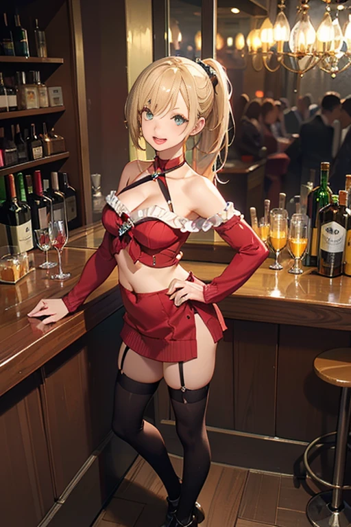 (from above:1.2),(from side:0.9), ((Face)), (Close-Up:0.4), masterpiece,"A 26-year-old girl stands at a bar counter. She is dressed in a stylish off-shoulder dress, sweater dress, off-shoulder sweater, red sweater,garter stocking, midriff, red skirts, black thighhighs, thigh strap, pretty girl, (highly detailed beautiful face and eyes,firm breasts),real skin,((black,hair,long pony tail hair)),thin pubic hair,cute and lovely pose, detailed eyes, This masterpiece is only visually stunning but also tells,(double breasted:0.6,under bust:0.6,cleavage:1.1,),(small breasts:1.2),(perky chest:1.1), (pointed chest:1.3), medium hips, glamorous body,(with sparkling eyes and a contagious smile),open mouth. The bar is beautiful, with colorful bottles of alcohol in the background and a soft glow from neon lights. The atmosphere is relaxed, and the girl looks confident and fashionable.",full body, sexy pose,make a cocktail , in a bar counter, Looking at Viewer,