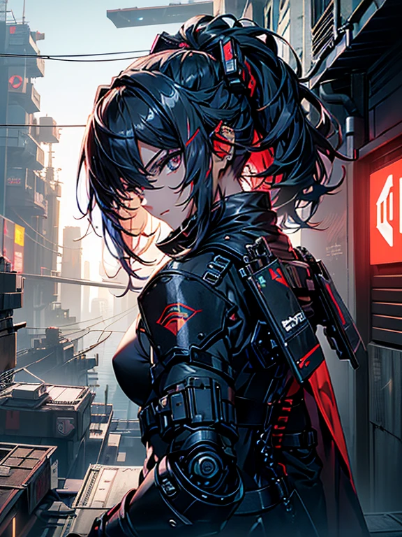 tactical night ninja girl, (((ojos amarillos))), ((pelo largo y romo de color rojo oscuro)), (((flequillo que cubre un ojo))), ((auriculares mecanicos)), angry expression, Muy detallado, (Stylish dark blue and red hi-tech tactical power armor with black cape skirt), (postura de espaldas), (Looking Behind Her), (Rooftop in a well-lit futuristic sci-fi cyberpunk city.), mejor calidad, sharp and well defined lines, alta calidad, imagen profesional 8k