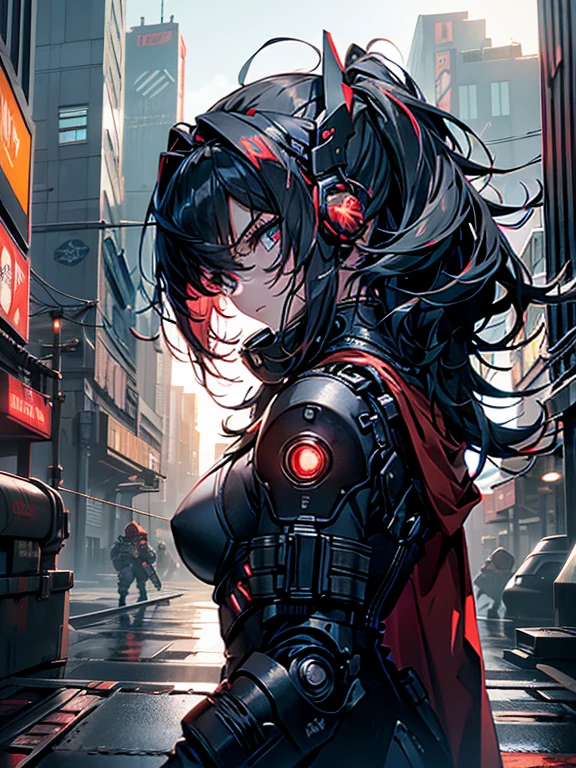 tactical night ninja girl, (((ojos amarillos))), ((pelo largo y romo de color rojo oscuro)), (((flequillo que cubre un ojo))), ((auriculares mecanicos)), angry expression, Muy detallado, (Stylish dark blue and red hi-tech tactical power armor with black cape skirt), (postura de espaldas), (Looking Behind Her), (Rooftop in a well-lit futuristic sci-fi cyberpunk city.), mejor calidad, sharp and well defined lines, alta calidad, imagen profesional 8k