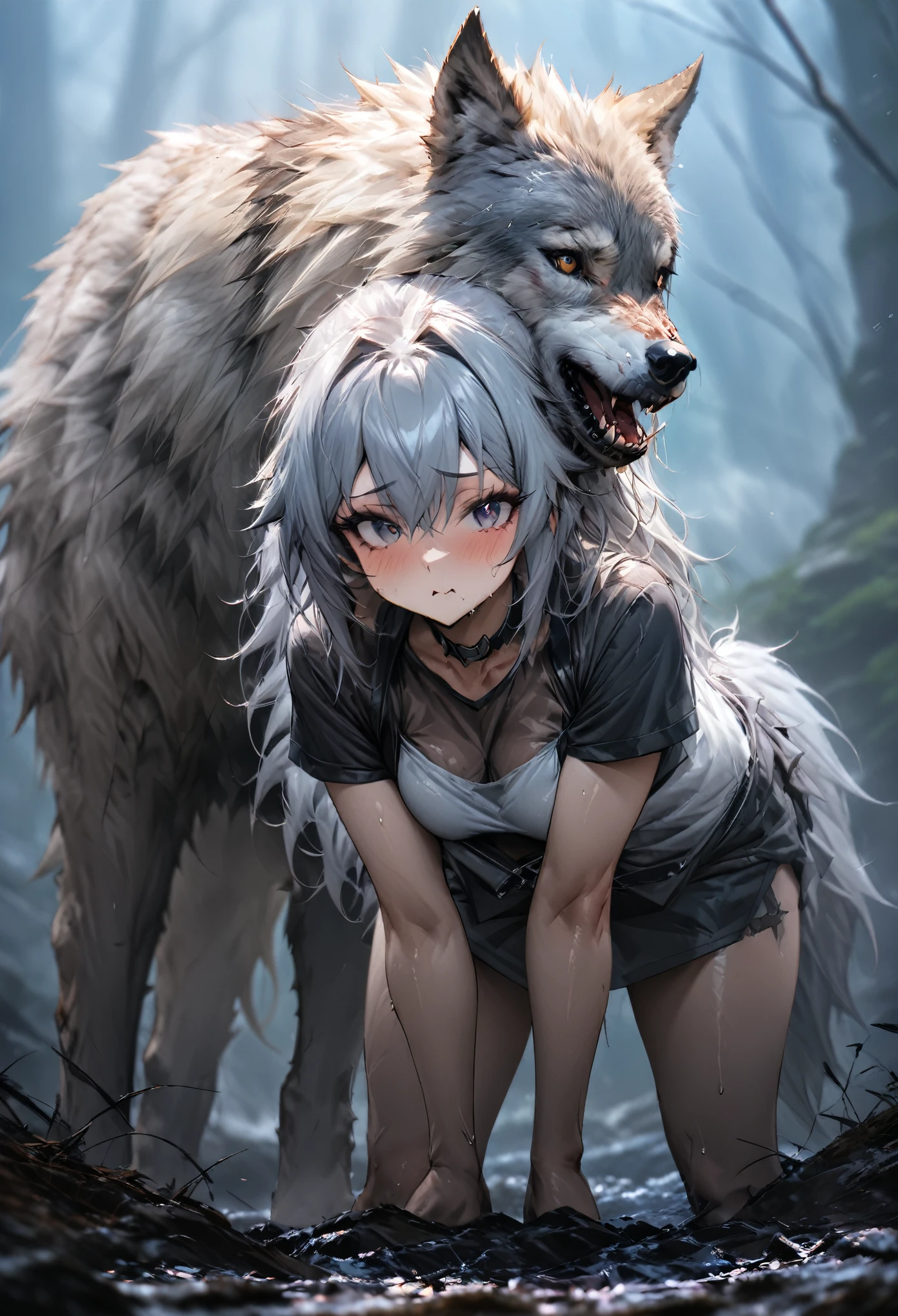 (((masterpiece:1.4))), (highest quality:1.4), (Ultra-high resolution:1.4), (best quality:1.2), (ultra detail:1.3), Unbelievable absurdity, One Girl, Wolf Girl and Wolf, In the great outdoors, 