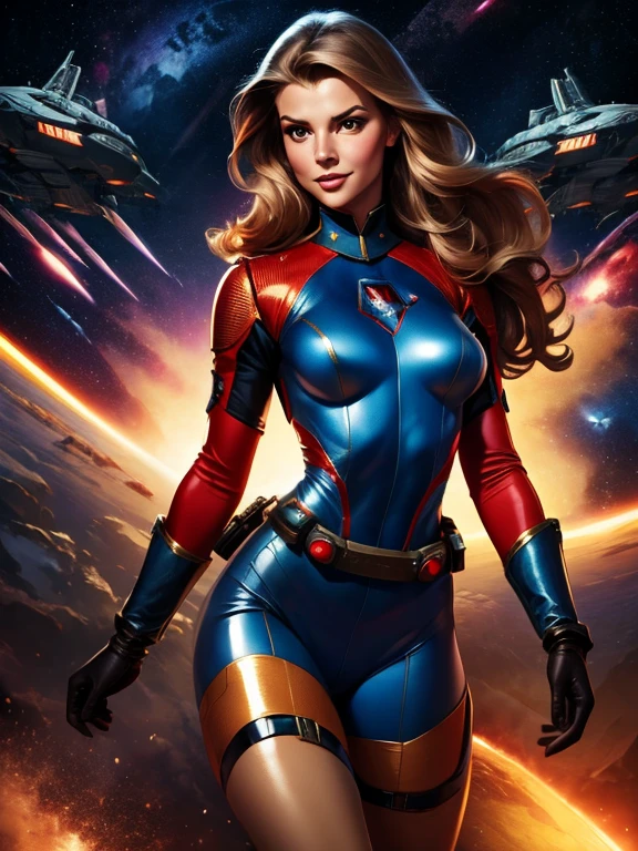 Best quality illustration, space beautiful vintage woman,long hair, looking to observer, LITTLE SHY SMILE, tight hi-tech armor leotard beige, RED and blue with intrincated details over glossy pantyhose, adjusting hi-tech gloves, militar tactical belt, thighs and knee,spaceships battle scenario,diffuse lights