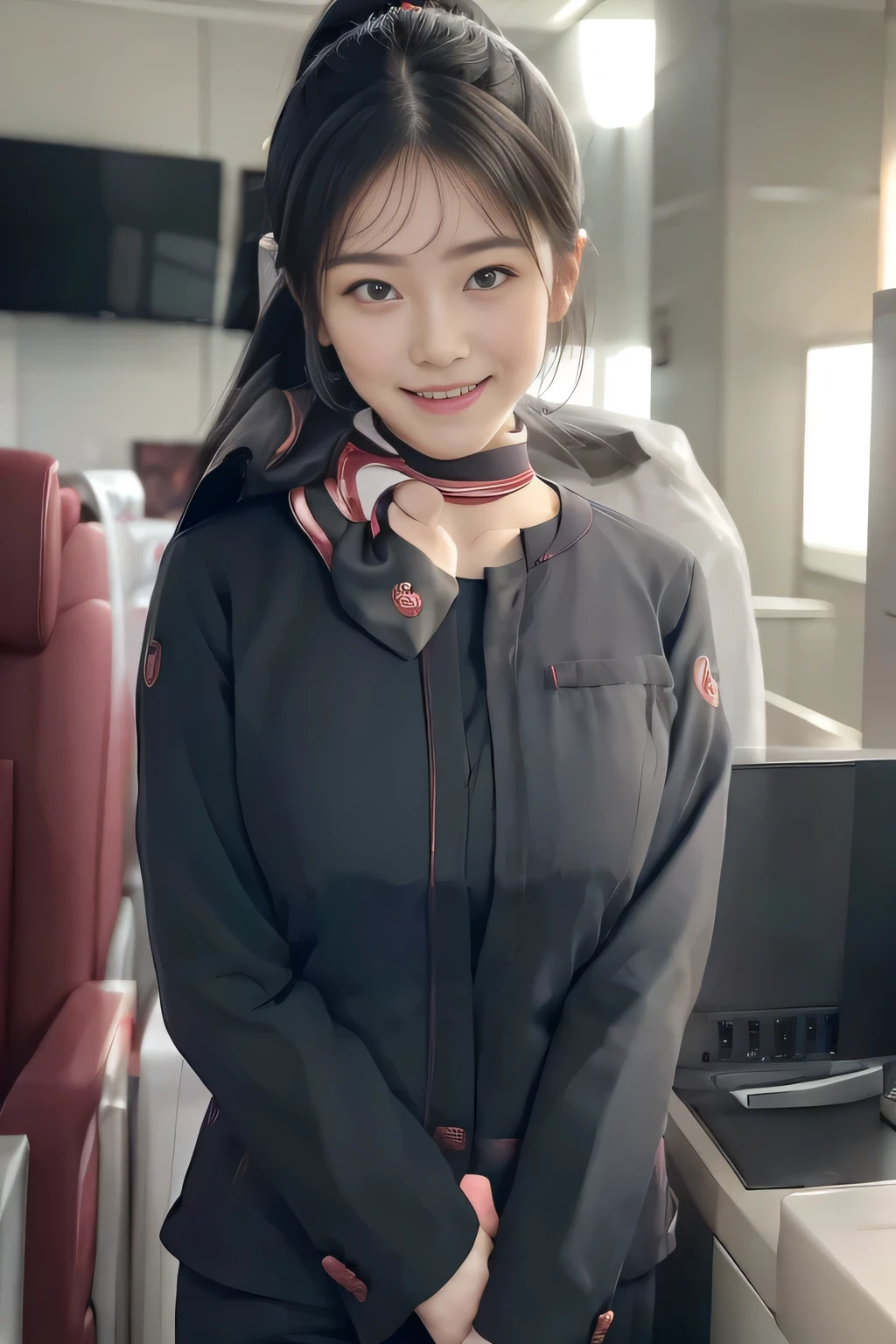 (masterpiece:1.2、highest quality:1.2)、32K HDR、High resolution、(alone、1 girl、Slim figure)、（Realistic style with JAL cabincrew uniform）、 (At the airport counter, Professional Lighting)、A proper woman, Beautiful Face,、（JAL cabincrew uniform）、（Long sleeve JAL cabin crew uniform）、（Scarf around the neck）、Big Breasts、（Long hair updo、Chignon）、Dark brown hair、Long Shot、（（Fine hand：2.0））、（（Harmonious body proportions：1.5））、（（Normal limbs：2.0））、（（Normal finger：2.0））、（（Delicate eyes：2.0））、（（Normal eyes：2.0））)、Beautiful standing posture、smile