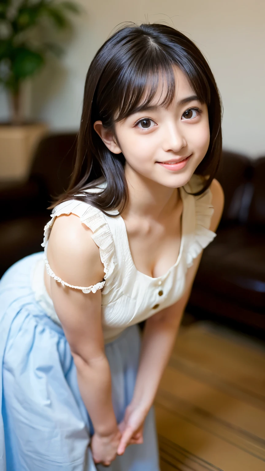 (((highest quality)), ((masterpiece)), (detailed), Best-quality, Masterpiece, Ultra-High-Resolution, (Photorealistic:1.4), Raw-Photo, depth of field, professional lighting, perfect anatomy, extremely details, 1girl, -yeld, thost famous Japanese idol, at living room, both hands on hip, (extremely cute face like the most popular Japanese idol, ((extremely cute and extremely big eyes)), extremely beautiful hair), looking at viewer, grinning