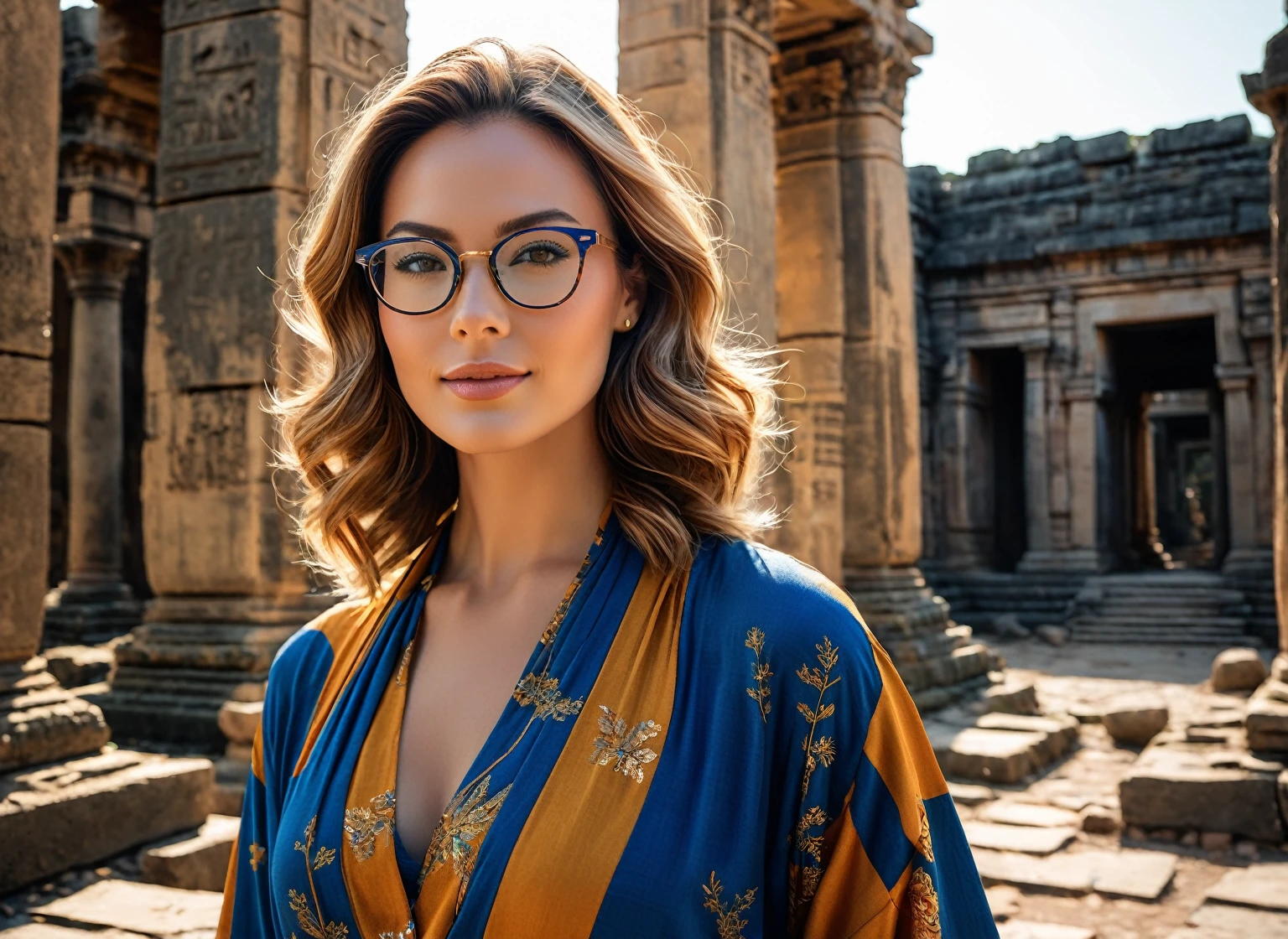 "A charming woman, with elegant posture and incomparable beauty, wearing prescription glasses. Her soft dimples and realistic expression lines add authenticity. Her skin is illuminated by the sun's rays, highlighting her beauty. Wearing long, colorful mixed clothes. In the background, ruins of an ancient temple with multiple entrances, almost in ruins, surrounded by dense, branching vegetation. A lone tree complements the scene. To capture this extraordinary scene, a high-resolution camera, such as the Phase One XF IQ4 150MP, is required. ability to capture light in adverse conditions. Diffuse natural lighting, minimizing harsh shadows. Camera settings include medium aperture, adjusted shutter speed and low ISO. The model is central, standing, with a rich color palette of blue and tones. gold. Use a high-quality wide-angle lens with a focal length of approximately 35mm to capture the entire scene immersively. Sharp, precise details are captured, from wavy hair to intricate clothing patterns, ensuring a stunning, natural image. "
