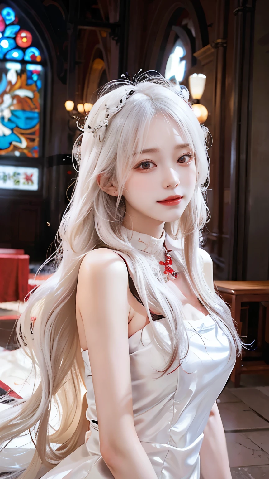 Long white hair - Red eyes - Elegant - Mysterious - Understated - Modest - Unique - Smiling - Attractive - Presence - Goddess - Facing forward - Covered skin - No exposure - Church background