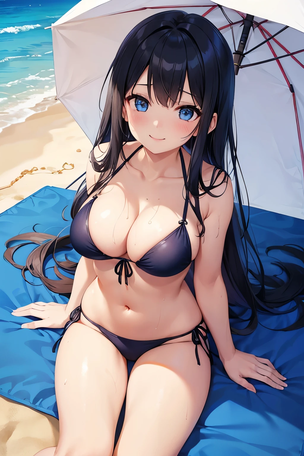beautiful girl,Beach、Under a big umbrella、Lie down on a mat on the sand、、Sexy Bikining Hair、blue eyes、Black Hair、Her breasts are sop View、Wet、Sweat、smile、10th Generation、1 girl、Two Arms、Perfect hands、可愛いsmile、childhood friend、Sexy、Lift your chest、st up