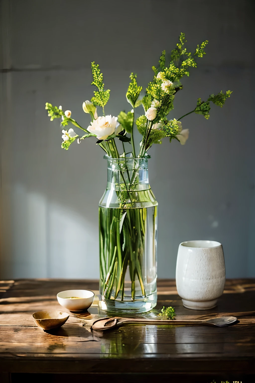 (masterpiece, top quality, best quality, official art, beautiful and aesthetic:1.2),cover art,illustration minimalism,background of stoneware and stone,japanese flower arrangement,dark background,zen,silence,dead branches,fallen leaves,bleak,poignant,water,vase,vase on water,with dew on the petals,white lotus,