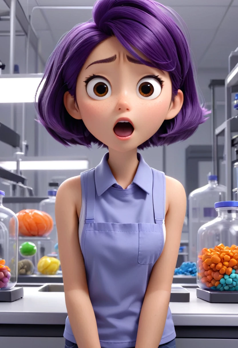 Une Japonaise de , cheveux bleu, dark purple necklace, Grey tank top, terrified, coller au mur, ne pouvant plus bouger, in a defective laboratory, style 3d Pixar, (best quality, 4k, 8k, High resolution, chef-d'artwork:1.2), Ultra-detailed, (Realistic, photoRealistic, photo-Realistic:1.37), portraits, Des couleurs vives, studio lighting