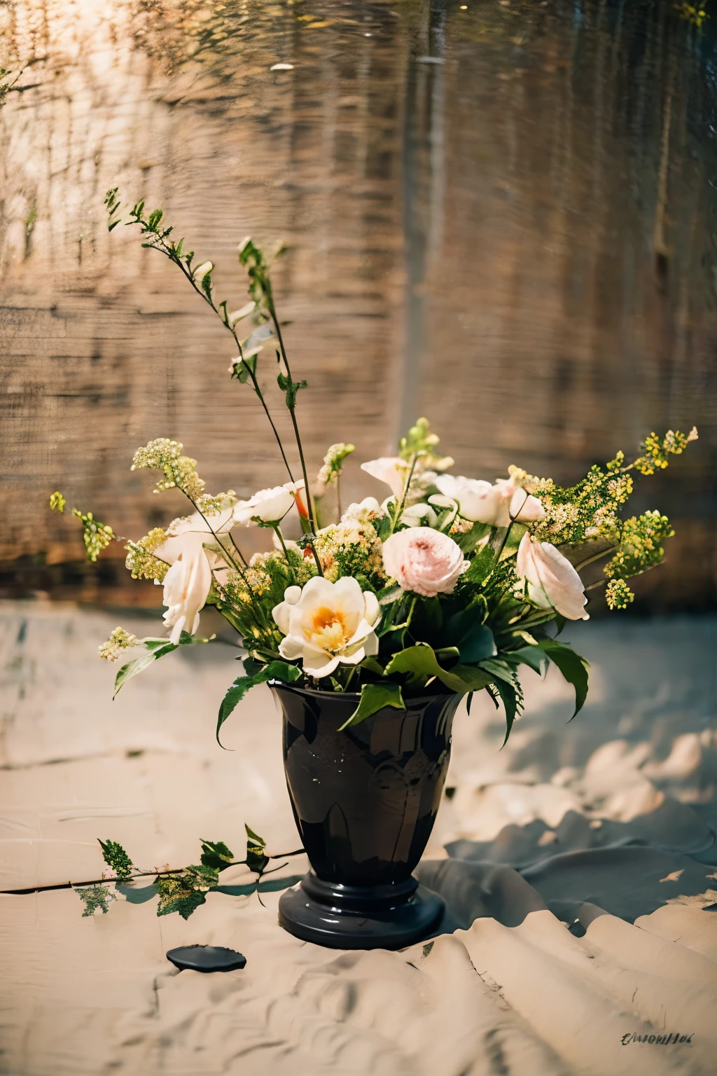 (masterpiece, top quality, best quality, official art, beautiful and aesthetic:1.2),cover art,illustration minimalism,background of stoneware and stone,japanese flower arrangement,dark background,zen,silence,dead branches,fallen leaves,bleak,poignant,water,vase,vase on water,with dew on the petals,white lotus,