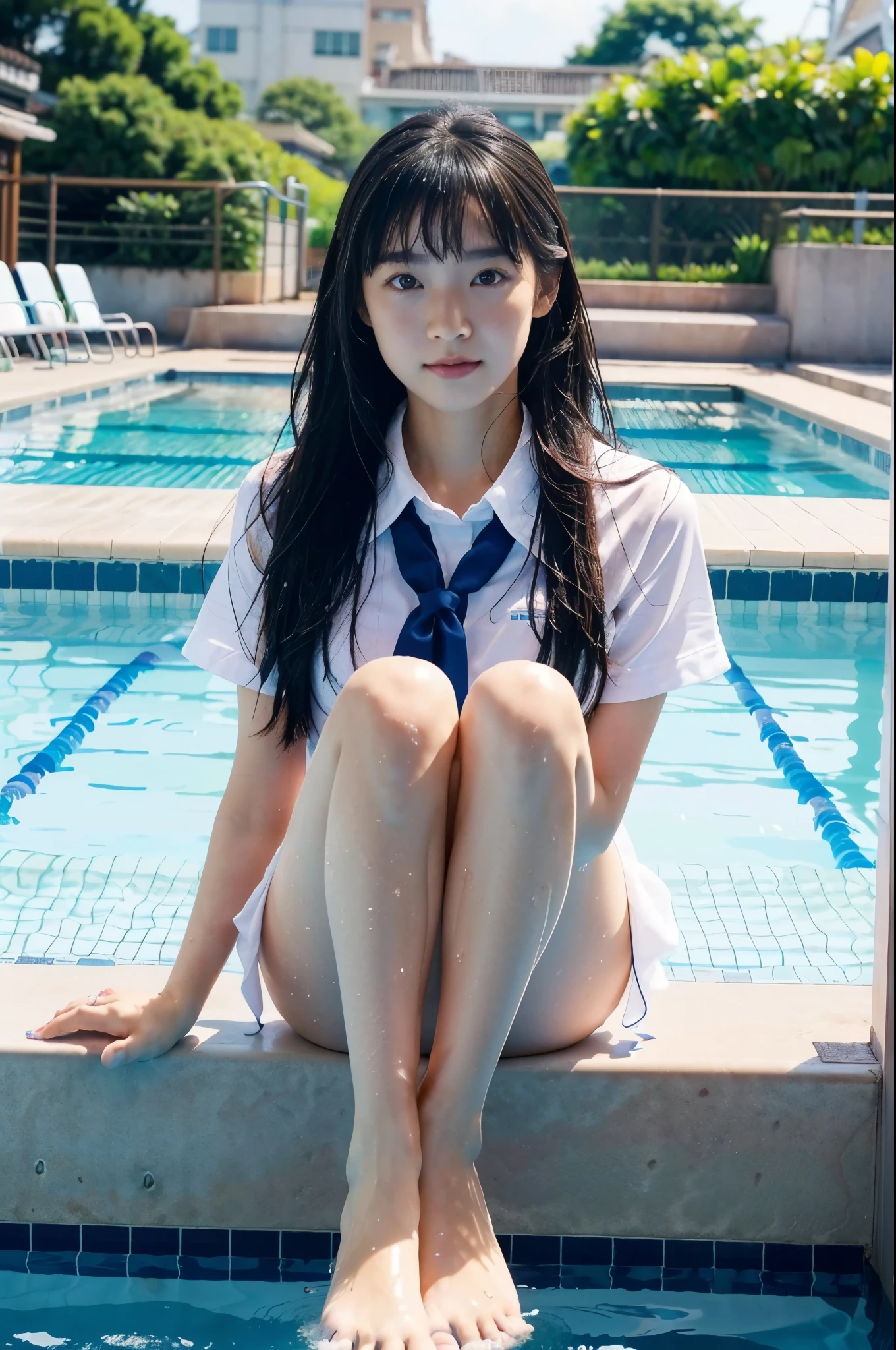 (Wet shirt:1.4,Japan Girls' School Uniforms、Uniform ribbon、Familiar hair:1.2,Long black hair),Pool after the rain、Sunny summer blue sky、High school girl sitting by the pool、barefoot、Perfect proportions、Holding a deck brush、((Close-up of legs:1.2、Angle from below:1.4、Super fisheye lens:1.6、School swimming pool:1.4,Bokeh、highest quality))