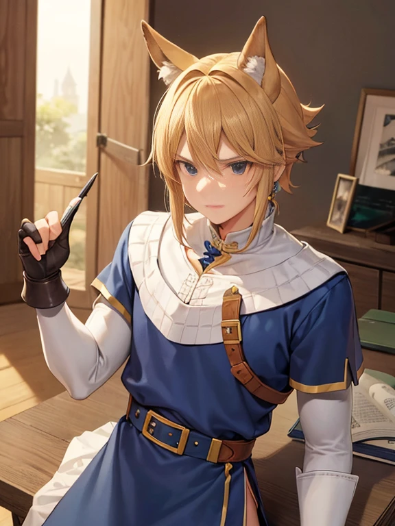 high detailed half-duende male, duende, Brown_cabello desordenado_cabello sonriendo_rostro, verde_ojos, scar_al otro lado de_ojo, puntiagudo_orejas, tan, armadura peto azul_capa, cuero_guantes, belt, belt_punch, espada, vaina, paladin knight, simple_Fondo, male_enfoque vaquero_tiro en solitario, final fantasy tactics, JRPG, demacia, voice machine style,enlace,24 yorejas old, parado derecho,(muscular:0.8),(mangas largas), seguro,poderoso, alto, fuerte,(real),uniform