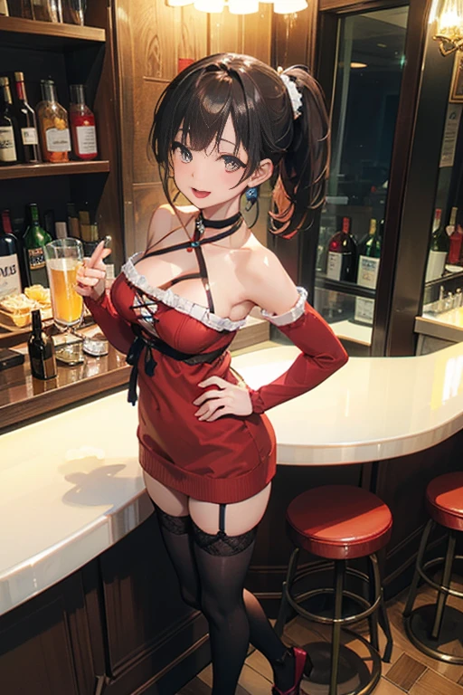 (from above:1.2),(from side:0.9), ((Face)), (Close-Up:0.4), masterpiece,"A 26-year-old girl stands at a bar counter. She is dressed in a stylish off-shoulder dress, sweater dress, off-shoulder sweater, red sweater,garter stocking, midriff, red skirts, black thighhighs, thigh strap, pretty girl, (highly detailed beautiful face and eyes,firm breasts),real skin,((black,hair,long pony tail hair)),thin pubic hair,cute and lovely pose, detailed eyes, This masterpiece is only visually stunning but also tells,(double breasted:0.6,under bust:0.6,cleavage:1.1,),(small breasts:1.2),(perky chest:1.1), (pointed chest:1.3), medium hips, glamorous body,(with sparkling eyes and a contagious smile),open mouth. The bar is beautiful, with colorful bottles of alcohol in the background and a soft glow from neon lights. The atmosphere is relaxed, and the girl looks confident and fashionable.",full body, sexy pose,make a cocktail , in a bar counter, Looking at Viewer,