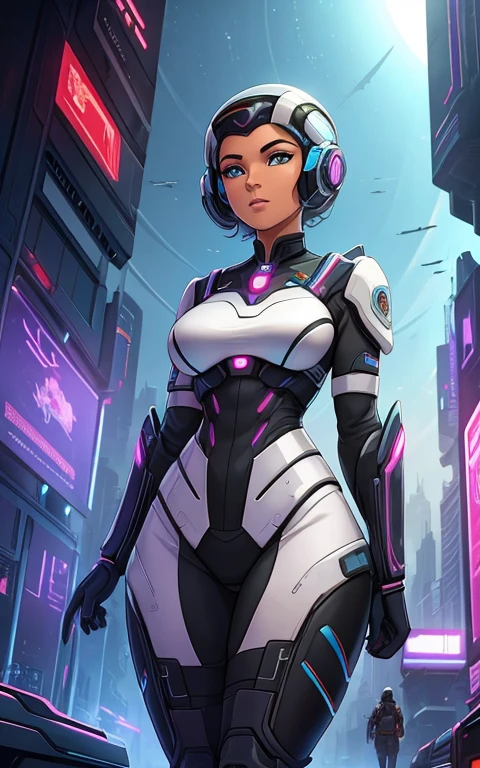 Obra de arte, melhor qualidade, uma mulher com traje futurista, scifi, ciborgue, You are in a futuristic city on another planet, Panning