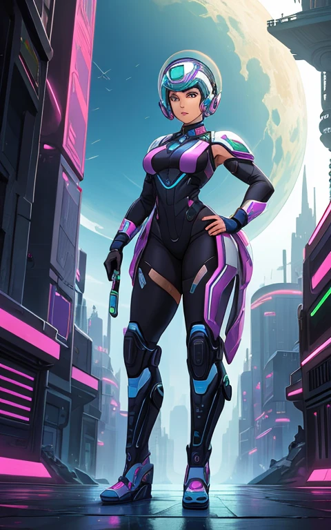 Obra de arte, melhor qualidade, uma mulher com traje futurista, scifi, ciborgue, You are in a futuristic city on another planet, Panning