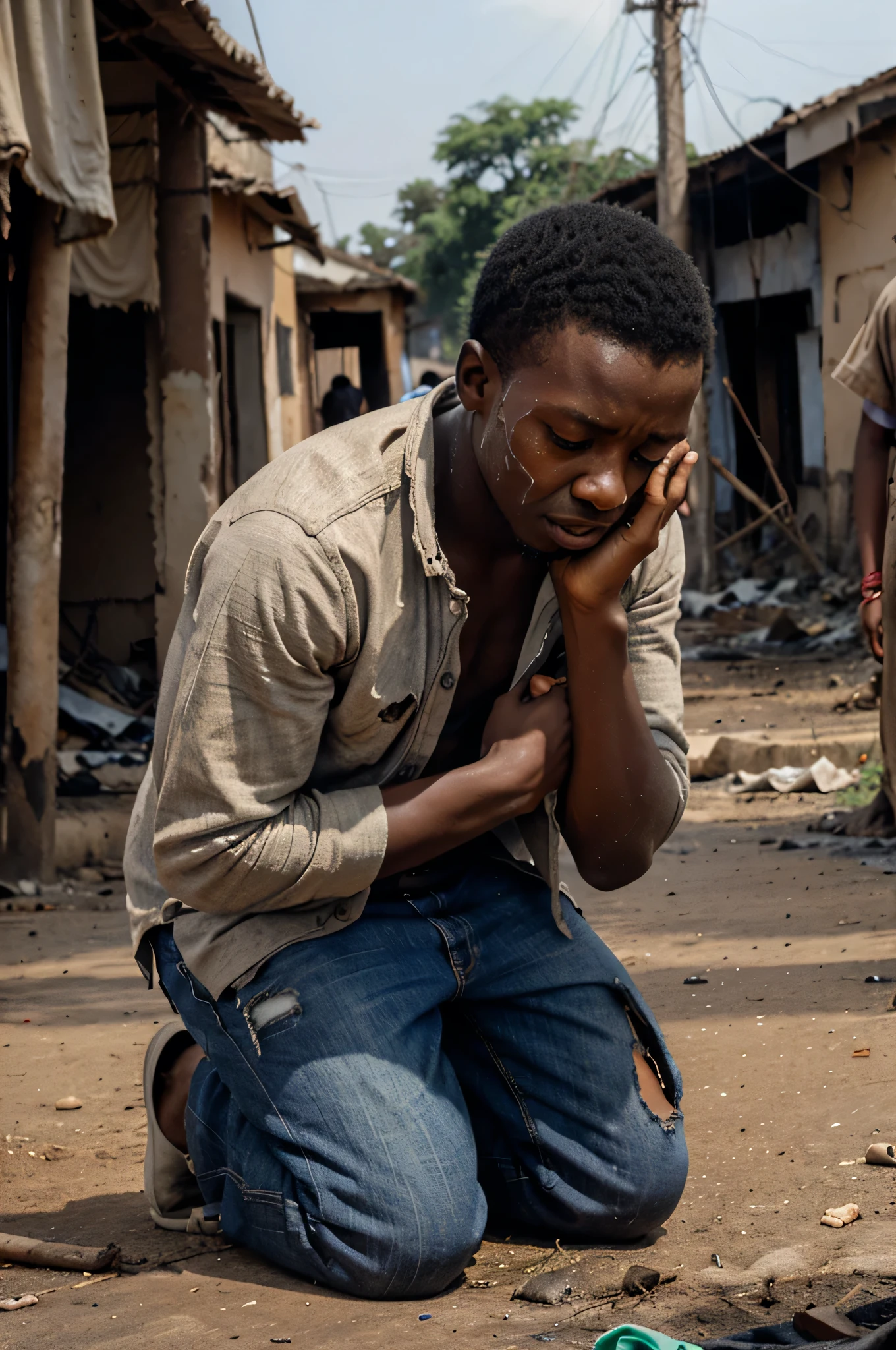 A young African and Mozambican man crying on his knees with torn clothes in the middle of his village that is on fire, people running back and forth and children crying 