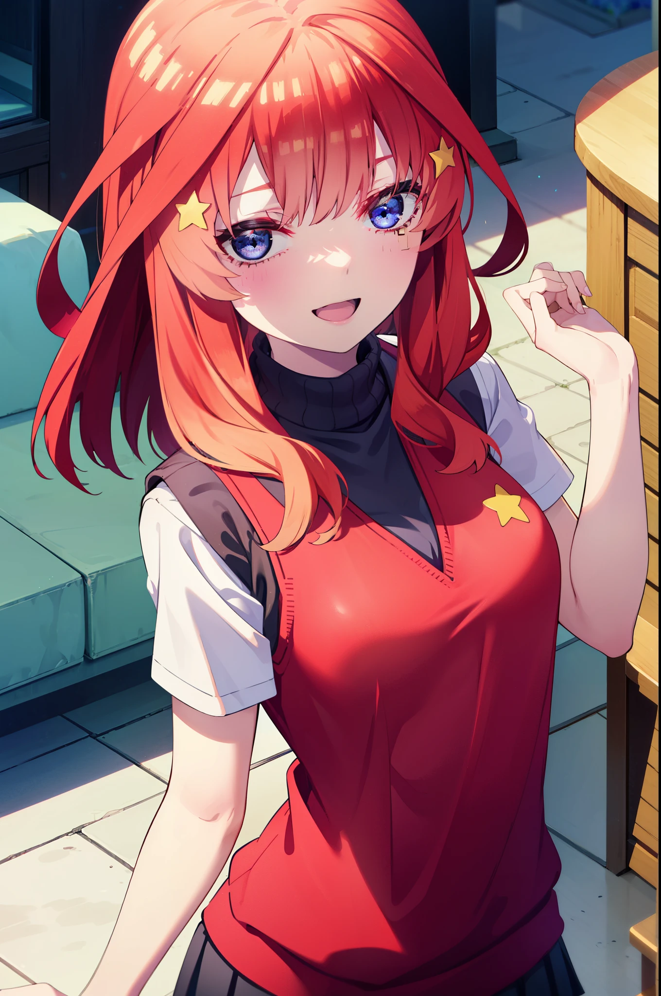 itsukinakano, Itsuki Nakano, bangs, blue eyes, Hair between the eyes, Ahoge, Redhead, star \(symbol\), hair ornaments, star hair ornaments,Black sailor collar,judgement,black pleated skirt,black tights,Brown loafers,Sweater vest, (red Sweater vest:1.5),The sun is rising,morning,morning陽,happy smile, smile, Open your mouth,whole bodyがイラストに入るように,
break outdoors, In town,ビル街
break looking at viewer, whole body,
break (masterpiece:1.2), highest quality, High resolution, unity 8k wallpaper, (figure:0.8), (Beautiful fine details:1.6), Highly detailed face, Perfect lighting, Highly detailed CG, (Perfect hands, Perfect Anatomy),
