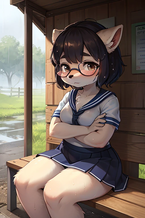 focus face , hairy racoon dog Short stature girl wearing black sports bra , (Short stature) , realistic hairy fur , round face , (tilt face:1.2) , Dull geek , (half-open eyes) , Swollen cheeks , glossy lips , flat chest , (look away:1.2) , eyewear, neat white sailor uniform , (see through black sports bra under uniform:0.9) , navy skirt , heavy rain , Rural bus stop , Rural Scenery , Take shelter from the rain , (Wet uniform:1.2),sit on bench