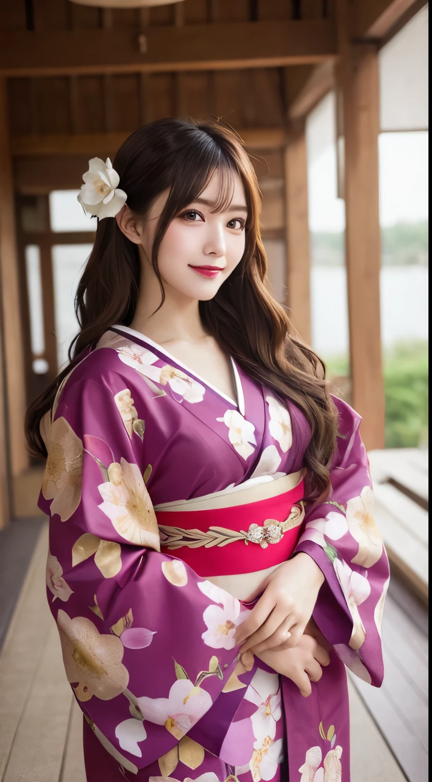 whole body, highest quality, figure, Very detailed, In detail, High resolution, 8k wallpaper, Perfect dynamic composition, Beautiful fine details, kimono，Medium Hair, Center of chest, Natural color lip, Random sexy poses,smile,shrine，Flower Hair Ornaments，cute，