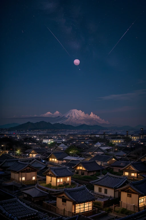 Night sky of ancient Japanese village with luminous big purple balls scattered above the city.