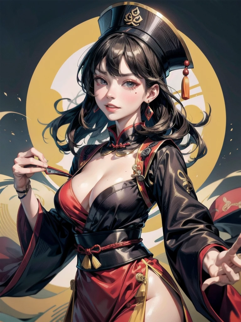 (((8k wallpaper of extremely detailed CG unit:1.2, masterpiece, hight resolution:1.2, top-quality:1.2, masutepiece))), ((a very beautiful woman, Hands in pockets:1.8, Grunge Fashion:1.2, wear a blouson:1.2, wearing skirt, wearing tights and boots)), ((extra detailed face, Highly detailed black eyes, extra detailed body, Top quality real texture skins)), (A dark-haired, length hair, de pele branca, Small:1.2, Exposed cleavage), ((Colorful geometric patterns are painted all over the wall...., Colorful wall)), (high-angle:1.2, a closeup, Fisheye:1.4), hyper realisitic, digitial painting,