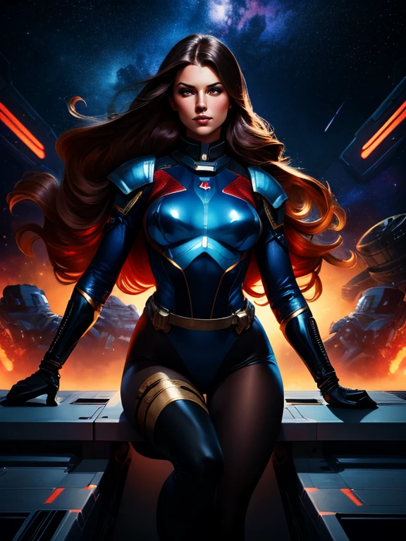 Best quality illustration, space beautiful vintage woman,long hair, looking to observer, LITTLE SHY SMILE, tight hi-tech armor leotard black, RED and blue with intrincated details over glossy pantyhose, adjusting hi-tech gloves, militar tactical belt, thighs and knee,spaceships battle scenario,natural lights