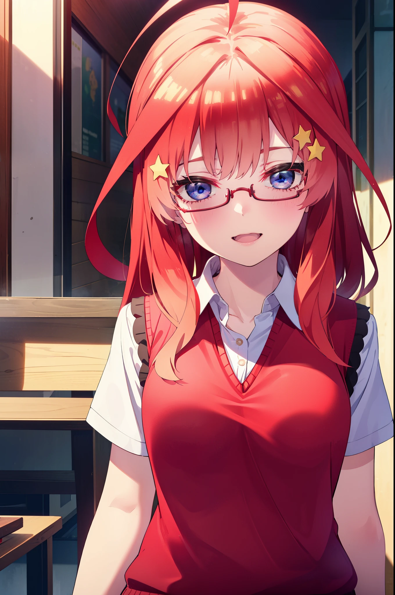 itsukinakano, Itsuki Nakano, bangs, blue eyes, Hair between the eyes, Ahoge, Redhead, star \(symbol\), hair ornaments, star hair ornaments,Akagi glasses,Black sailor suit,judgement,black pleated skirt,black tights,Brown loafers,Sweater vest, (red Sweater vest:1.5),The sun is rising,morning,morning陽,happy smile, smile, Open your mouth,whole bodyがイラストに入るように,
break outdoors, In town,ビル街
break looking at viewer, whole body,
break (masterpiece:1.2), highest quality, High resolution, unity 8k wallpaper, (figure:0.8), (Beautiful fine details:1.6), Highly detailed face, Perfect lighting, Highly detailed CG, (Perfect hands, Perfect Anatomy),