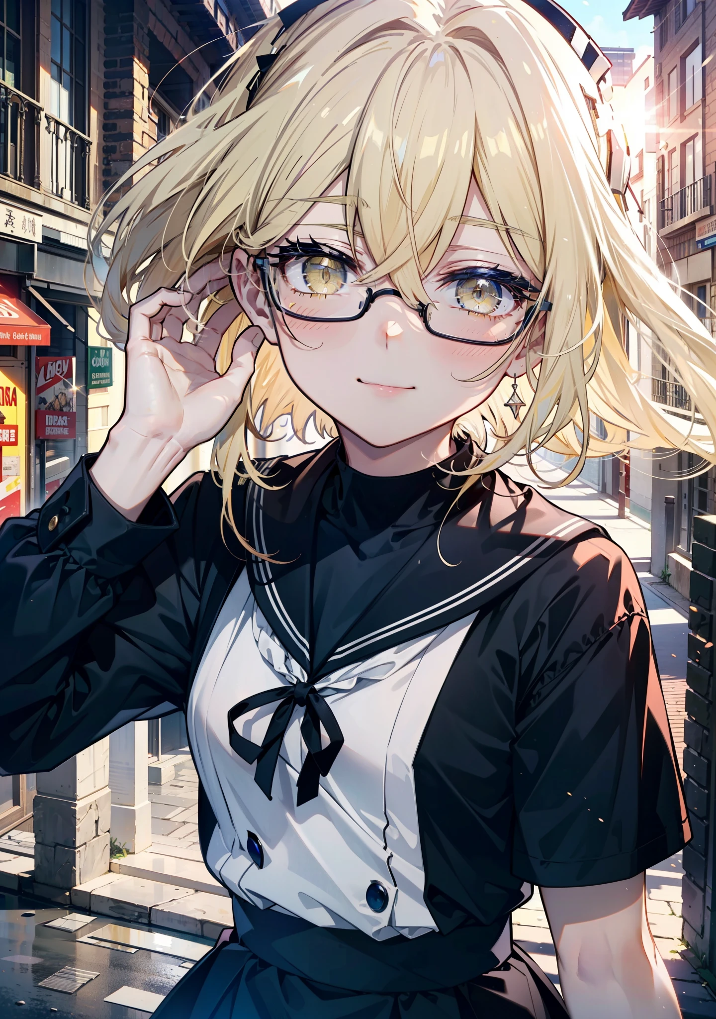 アイスWallenstein, Wallenstein, blonde, Hair between the eyes, Yellow headband, Long Hair, (Yellow Eyes:1.5),Black-rimmed glasses,happy smile, smile, shut up.,smile,blush,Black Sailor Suit,Black pleats,Short sleeve,Black socks,Brown Loafers,morning,morning陽,The sun is rising,whole bodyがイラストに入るように,Walking　　　　　　　 break looking at viewer, whole body,crowd, people々々　　　　　　　　　　break outdoors,In town,Building district,　　　　　　　　　　break (masterpiece:1.2), highest quality, High resolution, unity 8k wallpaper, (shape:0.8), (Beautiful and beautiful eyes:1.6), Highly detailed face, Perfect lighting, Highly detailed CG, (Perfect hands, Perfect Anatomy),