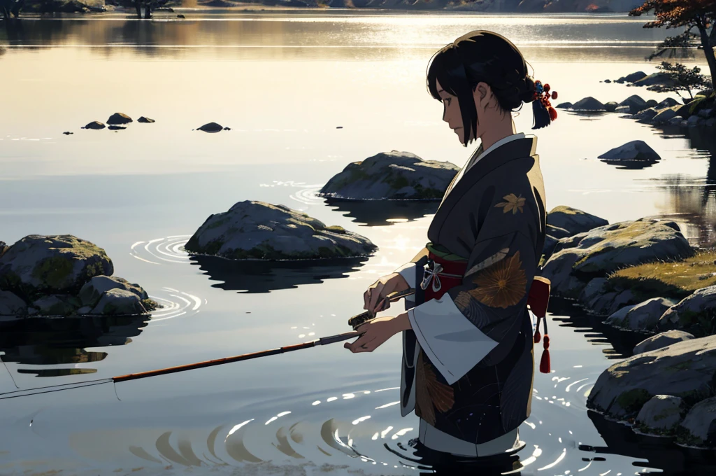 adorned in traditional Japanese attire, seamlessly blends with the kaleidoscope of autumnal colors that paint the mountainside. The intricate patterns of her clothing, delicately rendered, add a sense of authenticity to the scene. Her hands, deftlymanipulating the fishing rod, display a level of skill and dexterity (1.5). The subtle glint of metal and the shimmering waters, caught in the soft, cinematic light (1.4), further accentuate the tranquility of the moment. The high-resolution (1.2) of the image reveals the play of light and shadows on her face, her detailed features subtly etched
