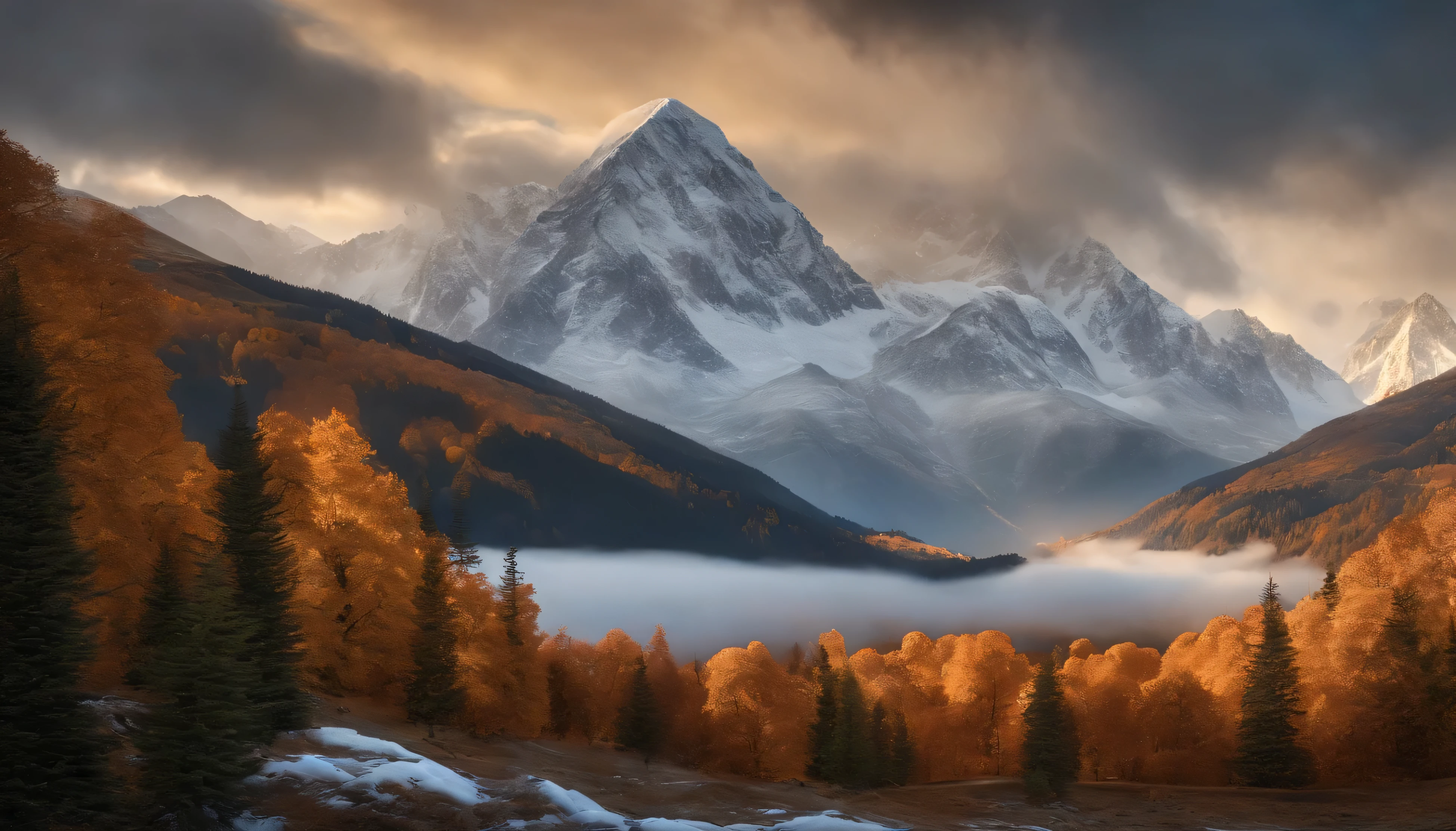 snow mountains,Rolling peaks,Oyuki,fall foliage,surrounded by cloud,Thick clouds,oc rendered,high qulity,tmasterpiece,Hyper-realistic,Ultra photo realsisim,8K,super-fine,ultra - detailed,Ultra-wide angle of view,dynamic viewing angle