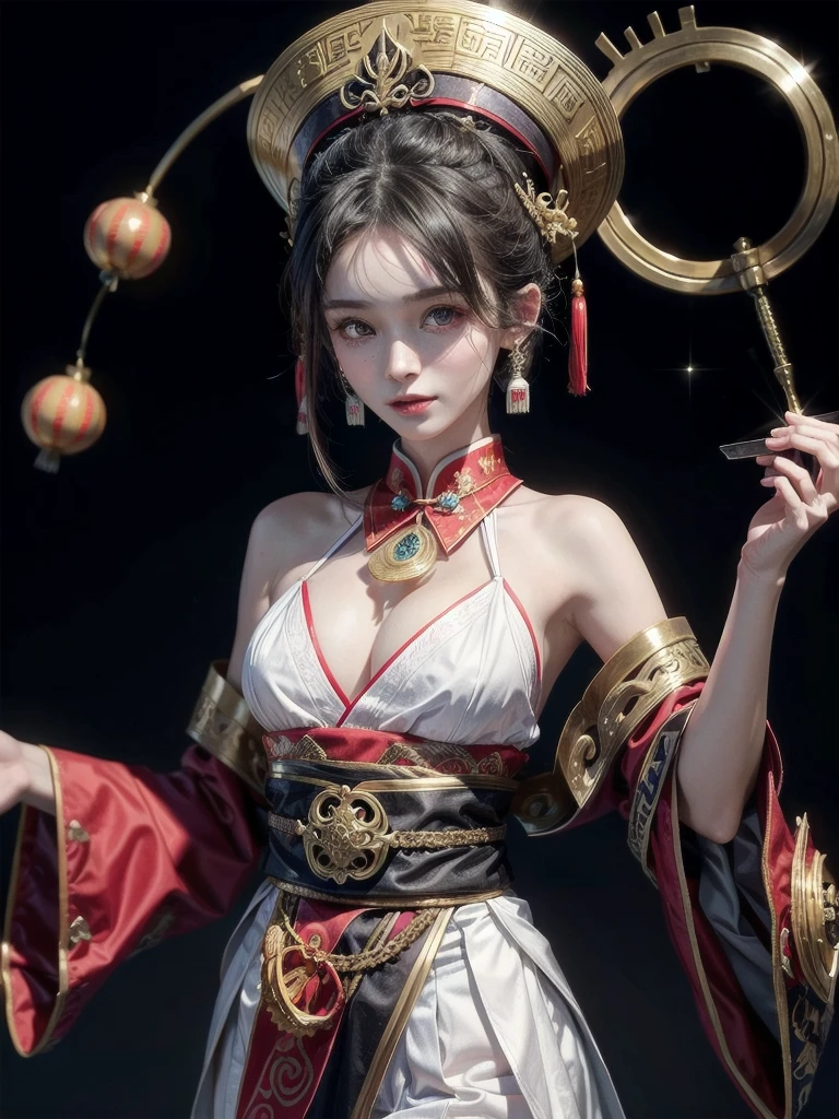 dress, chinese clothes, headwear, ofuda, jiangshi, qing guanmao, absurdres, RAW photo, extremely delicate and beautiful, masterpiece, Best Quality, ultra high resolution, 32k, hyperrealistic, ultra-detailed, detailed description, pale skin, 20 years old, tearful mole, earring, Colossal tits, short medium hair, wavy hair, evil grin, whole body shot,