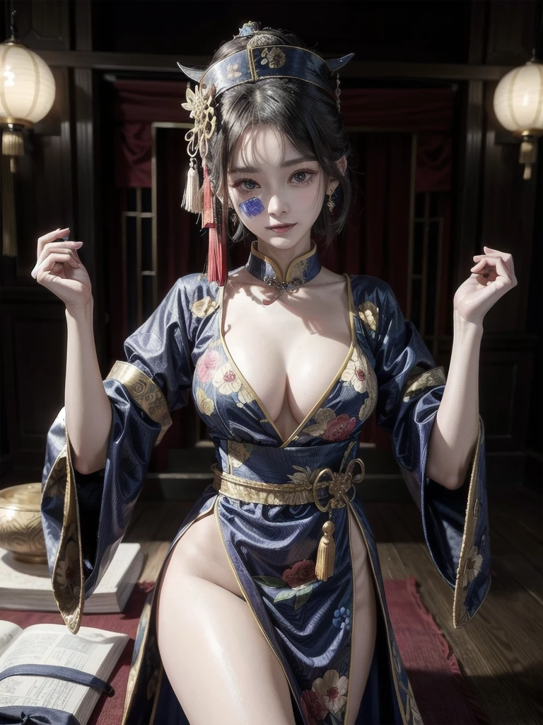 dress, chinese clothes, headwear, ofuda, jiangshi, qing guanmao, absurdres, RAW photo, extremely delicate and beautiful, masterpiece, Best Quality, ultra high resolution, 32k, hyperrealistic, ultra-detailed, detailed description, pale skin, 20 years old, tearful mole, earring, Colossal tits, short medium hair, wavy hair, evil grin, whole body shot,